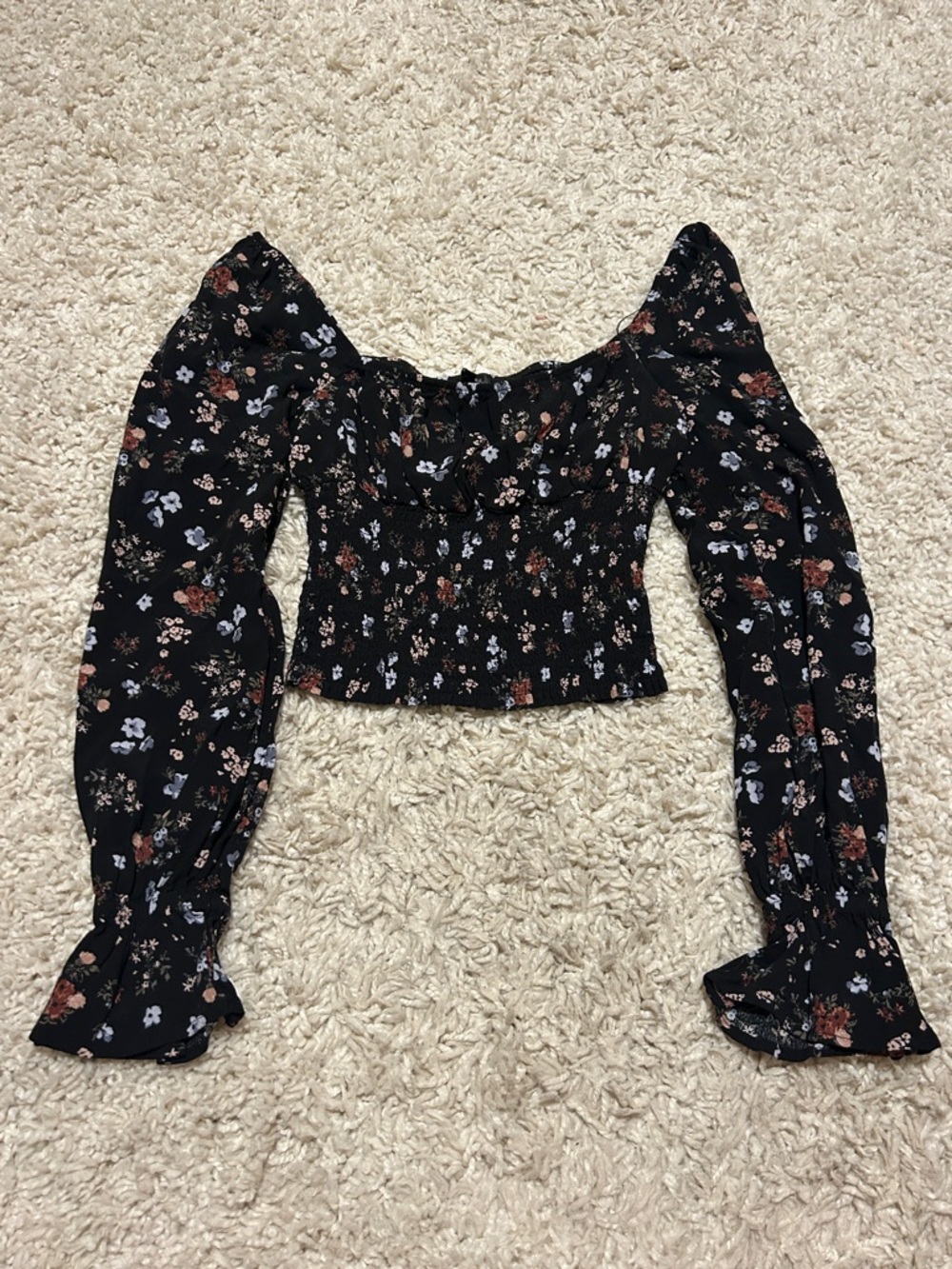 Dynamite Black Floral Off-Shoulder Smocked Crop Top with Puff Sleeves